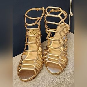 Gold strappy heels.  NWOT Brand: Vince Camuto, Size 7.5, 3 inch heel